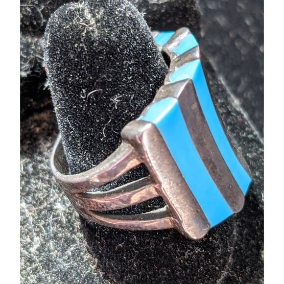 Vintage Retro 925 Sterling Silver Chunky Blue and Metal Stripe Ring Size 10 - Picture 2 of 3
